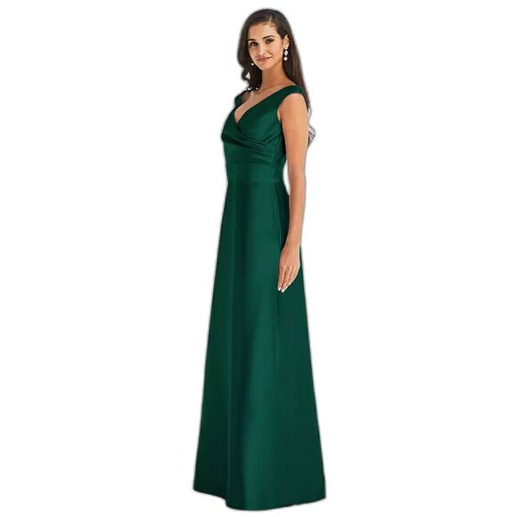 Alfred Sung D811S Sz 10 Off-the-Shoulder Draped Wrap Satin Maxi Dress Green - Picture 2 of 5